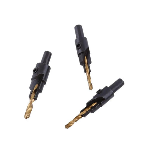 Premium HSS Coated Chamfer Drill Bit Set Packed With Five Countersink Assortments, featuring gold-tipped drill bits with quarter inch shank.
