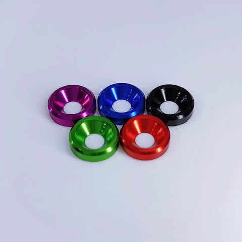 Top Shelf Slick M3 Countersunk Washers Rock Solid Aluminum Alloy Flat Shims Low Profile Gaskets For Fpv Drones Rc Builds Pc Mods And Mechanical Projects Black 60 Pack colorful anodized aluminum washers in purple, green, blue, red, and black.