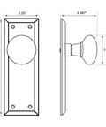 Technical diagram of New York Style Door Knob With Plate Set For Interior Doors showing dimensions, round knob, and long plate.