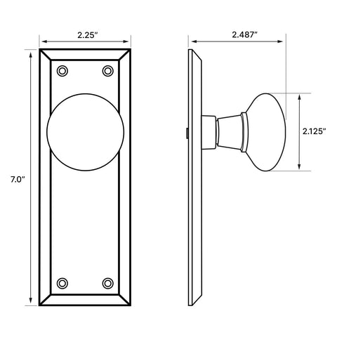 Technical diagram of New York Style Door Knob With Plate Set For Interior Doors showing dimensions, round knob, and long plate.