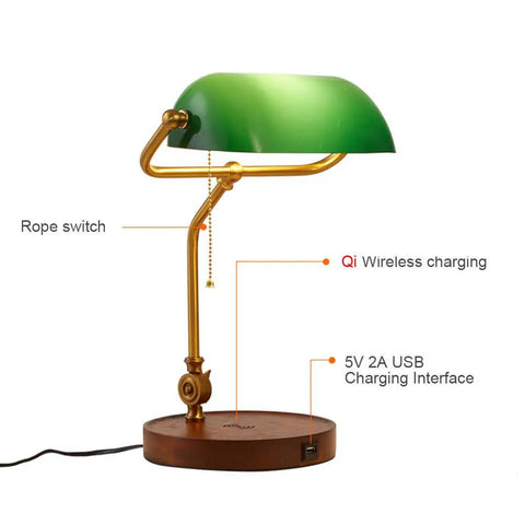 Rope Switch Retro Table Lamp With USB Charging Ports Green Glass Shade Vintage Style Desk Light in warm glow setting