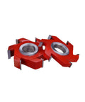Straight Up Top Shelf Three Piece Tungsten Carbide Spindle Shaper Bits for Woodworkers, red cutting tools for precise T slots.