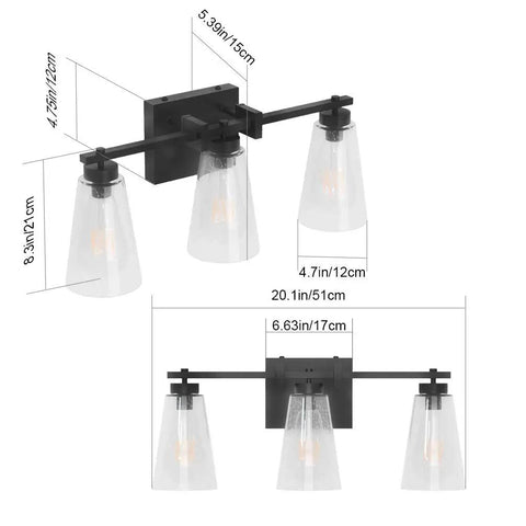 Dimensions of Vintage Industrial 3 Light Vanity Sconce in Black with Bubble Glass Shades, durable wrought iron for bathroom use