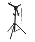 Heavy Duty Black Adjustable Drum Rack Integrated With Portable Practice Pad Station Featuring Sturdy Alloy Build Designed For Weekend Drummers And Touring Pros Wanting A Killer Stage Setup, showing adjustable height and sturdy tripod base.