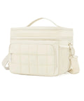Insulated Puffer Cooler Bag Holds Thirty Two Cans Soft Side Duffel Tote With Double Deck Setup Built For Weekend Warrior Chill Sessions Tailgate Stashes And Day Trip Essentials Beige, beige soft insulated cooler bag with zippered compartments.