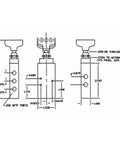 Technical diagram of BAV020 Four Way Three Position Manual Air Valve With Five One Quarter Inch NPT Ports