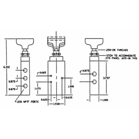 Technical diagram of BAV020 Four Way Three Position Manual Air Valve With Five One Quarter Inch NPT Ports