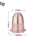 Copper tip from Pro Grade Trafimet S45 Plasma Cutting Torch Consumables Kit With 23 Pieces Including Electrodes PR0110 Tips PD0116 08 Shield Cap PC0116 Spacer Guide CV0010 Swirl Ring PE0106 Fits S25K S25 S35K, dimensions labeled.