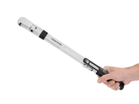 3/8 Inch Drive Torque Wrench With 72-Tooth Split Beam, Accurate 20 to 100 ft-Lb Range, held in hand, showing side profile.
