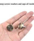 Slick Brushed Copper Mirror Screws With Solid Brass Washers Zero Hassle Install showing caps in hand for decorative fasteners.