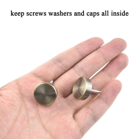 Slick Brushed Copper Mirror Screws With Solid Brass Washers Zero Hassle Install showing caps in hand for decorative fasteners.