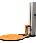 Heavy Duty Automatic Pallet Wrapper Built Tough As Nails With 65 Inch Turntable And 4400 Lbs Capacity Prime Choice For Fast Warehouse Stretch Film Loads On 110V Pulling 1500W, featuring an orange turntable and vertical support.