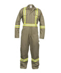 Workhorse Flame Resistant Coveralls Featuring Bold High Visibility Striping And Soft Cotton Nylon Blend For Straight Up Comfortable Daily Hazardous Environment Safety Wear in khaki with reflective stripes.