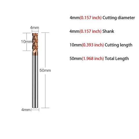 Four Flute Carbide Square End Mill Pro Grade 4mm Diameter 0.157in Shank CNC Router Bit Micro Grain Cutter dimensions
