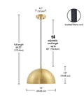 Diagram of Hazel 1-Light Pendant Light in Matte Brass with Black Fabric Cord detailing dimensions and features, dome shade, and adjustable length.