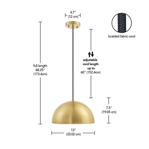 Diagram of Hazel 1-Light Pendant Light in Matte Brass with Black Fabric Cord detailing dimensions and features, dome shade, and adjustable length.