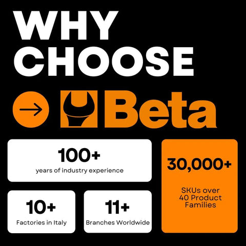 Why Choose Beta infographic highlighting 100+ years, 30,000+ SKUs, factories and branches, showcasing reliability.