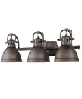 Three Light Bath Vanity In Rubbed Bronze With Matching Shades, Damp Location Rated, Duncan Collection