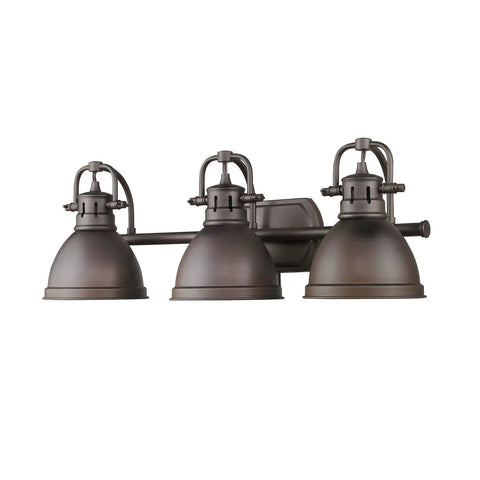Three Light Bath Vanity In Rubbed Bronze With Matching Shades, Damp Location Rated, Duncan Collection
