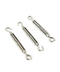 Three Premium 304 Stainless Steel Turnbuckle Wire Rope Tensioners With Eye Screw Hook for clothesline adjustment.