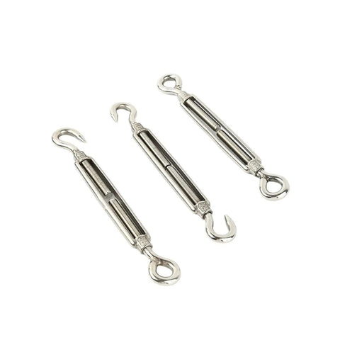 Three Premium 304 Stainless Steel Turnbuckle Wire Rope Tensioners With Eye Screw Hook for clothesline adjustment.