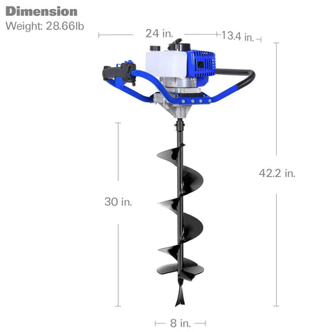 Gas Powered Post Hole Digger With 52cc 2.4 HP Two Stroke Engine, 30 Inch Long 8 Inch Diameter Manganese Steel Auger Bit, EPA Compliant