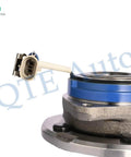 Close-up of Front Wheel Hub Assembly Replacement Pack of 2 for 1997-2001 Cadillac DeVille, Eldorado, Seville, 1st Design Without Heavy Duty Suspension, Sealed Ball Bearing, Wire Clip Included, showing sensor wire clip and ball bearing