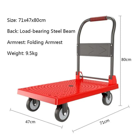 Heavy Duty Folding Flatbed Cart With Precision Rollers, Portable Hand Pulled Dolly For Garage And Job Site Cargo Hauling, No Sweat Transport Wagon And Moving Workhorse on red platform.