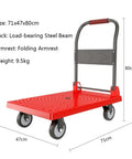 Heavy Duty Multi Purpose Folding Platform Truck Cart With Sturdy Wheels To Easily Roll Your Hefty Gear And Cardboard Boxes Anywhere. Red flatbed cart, 71x47x80cm, load-bearing steel, folding armrest.