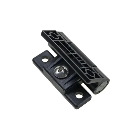 Black cabinet hinge, visible screws, possibly an adjustable torque design for smooth soft close mechanism in cupboards.