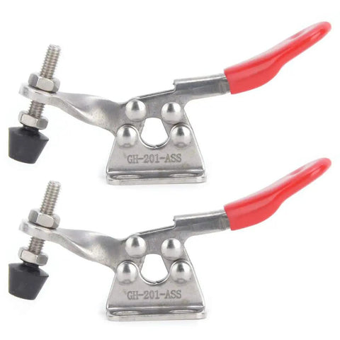 Badass Toggle Clamps With Quick Release Latch For Welding Jigs And Heavy Duty Fixtures Crafted From Premium 304 Stainless Steel Delivers Bone Crushing Grip Two Pack, showing rugged design and red handles.