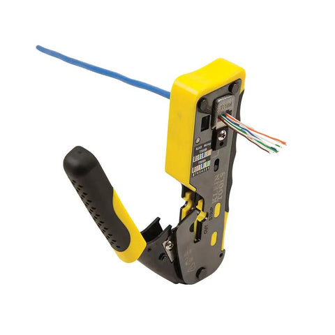 Crimping tool used for Modular Data Plug For CAT6A And Thicker CAT6 Cables, showing pass-thru install on blue cable