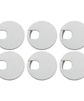 Six Pack White Plastic Desktop Cable Hole Covers With Removable Snap Top, Two Point Five Inch Wire Grommets for desk organization.