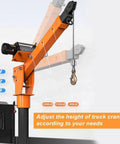 Heavy Duty Folding Hoist Truck For 2200lb Lift 110V Electric Jib Crane With 1320lb Pull Power, Painted Steel Orange, hook visible