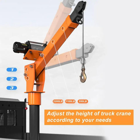Heavy Duty Folding Hoist Truck For 2200lb Lift 110V Electric Jib Crane With 1320lb Pull Power, Painted Steel Orange, hook visible
