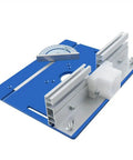 Heavy Duty Aluminum Router Table Insert Plate With Precision Miter Gauge And Butter Smooth Glide Track For Knockout Woodworking Cuts And Pro Level Routing Projects In Classic Blue, close-up angle.