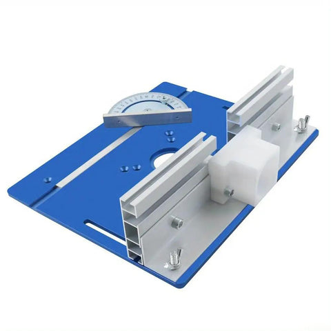 Heavy Duty Aluminum Router Table Insert Plate With Precision Miter Gauge And Butter Smooth Glide Track For Knockout Woodworking Cuts And Pro Level Routing Projects In Classic Blue, close-up angle.