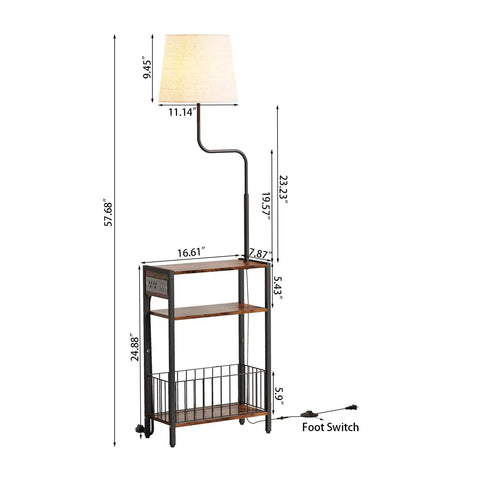 Floor Lamp With Integrated Table And Storage Baskets End Table With Three Color Temperature LED Bulbs Nightstand With USB Charging Station And Shelves Side Table For Living Room Bedroom Or Office Brown, dimensions shown