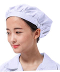 Four Pack Pro Grade Anti Static Workshop Hats For Adults Heavy Duty Polyester Cleanroom Caps Zero Lint Dustproof Safety Gear For The Daily Grind In White Pink Yellow shown on a female model wearing a striped cap.