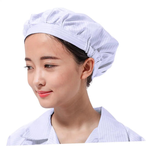 Four Pack Pro Grade Anti Static Workshop Hats For Adults Heavy Duty Polyester Cleanroom Caps Zero Lint Dustproof Safety Gear For The Daily Grind In White Pink Yellow shown on a female model wearing a striped cap.