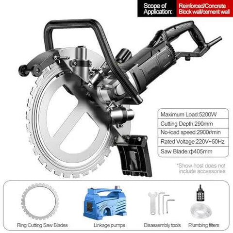 Heavy Duty Electric Concrete Ring Saw 5200W Handheld Cutting Tool With Built In Water Pump showing 405mm blade for cutting.