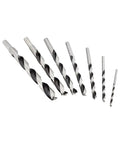 Set of seven Pro Grade Brad Point Drill Bit Set For Woodworking With Beveled Edges Chrome Vanadium Coated displayed in a row