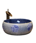 USZWBY Vessel Sinks Bathroom Vessel Sink Vanity Round Ceramic Washbasin Vintage Art Countertop Basin with Faucet Bathroom Bowl Sink with blue floral design and bronze faucet.