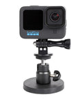 Super Dope Magnetic Camera Mount Snaps On Tight For GoPro Hero Insta360 And DJI Action Cameras Featuring Versatile Quarter Inch Thread Adapter Plate mounted on black base.