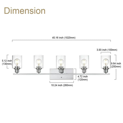 Five Light Chrome Vanity Fixture With Clear Cylinder Glass Shades For Bathroom Hallways And Staircases Modern Indoor Wall Sconce Lighting dimensions