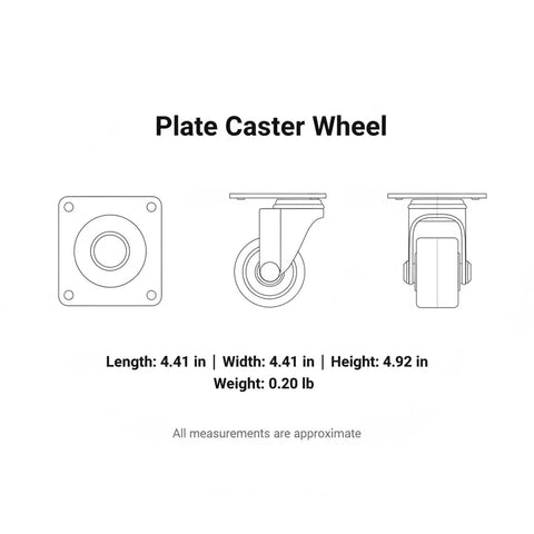 Diagram of plate caster wheel with dimensions 4.41 in by 4.92 in, for Turn Heavy Furniture Into Mobile Workstations With Durable Polyurethane Caster Wheels On Flat Mount Bases 4.9 Inch Height Perfect For Islands Benches And Appliances Seamless Mobility Easy Cleaning Stable Support.