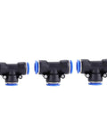Push To Connect Pneumatic Fittings Kit, 35 Piece 3 Way Tee Union Set With 4mm To 16mm Sizes, black and blue connectors display