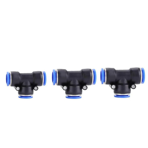 Push To Connect Pneumatic Fittings Kit, 35 Piece 3 Way Tee Union Set With 4mm To 16mm Sizes, black and blue connectors display
