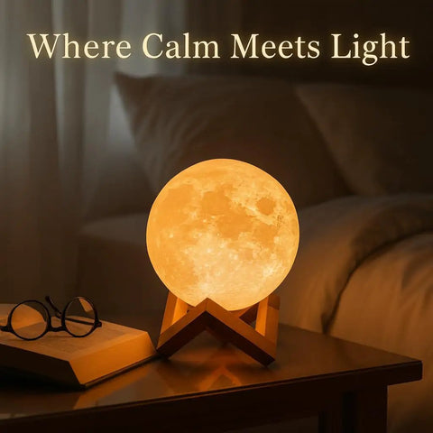 Moon Lamp LED Night Light 3D Printed With Wood Base Dual Color Touch Dimmer 4.7 Inch Nightstand Decor White And Yellow Glow