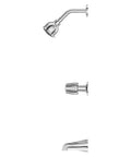 Three Handle Tub And Shower Faucet With Metal Verve Knob Handles In Polished Chrome For A Slick Bath Upgrade Includes 5 Hole Installation Valve